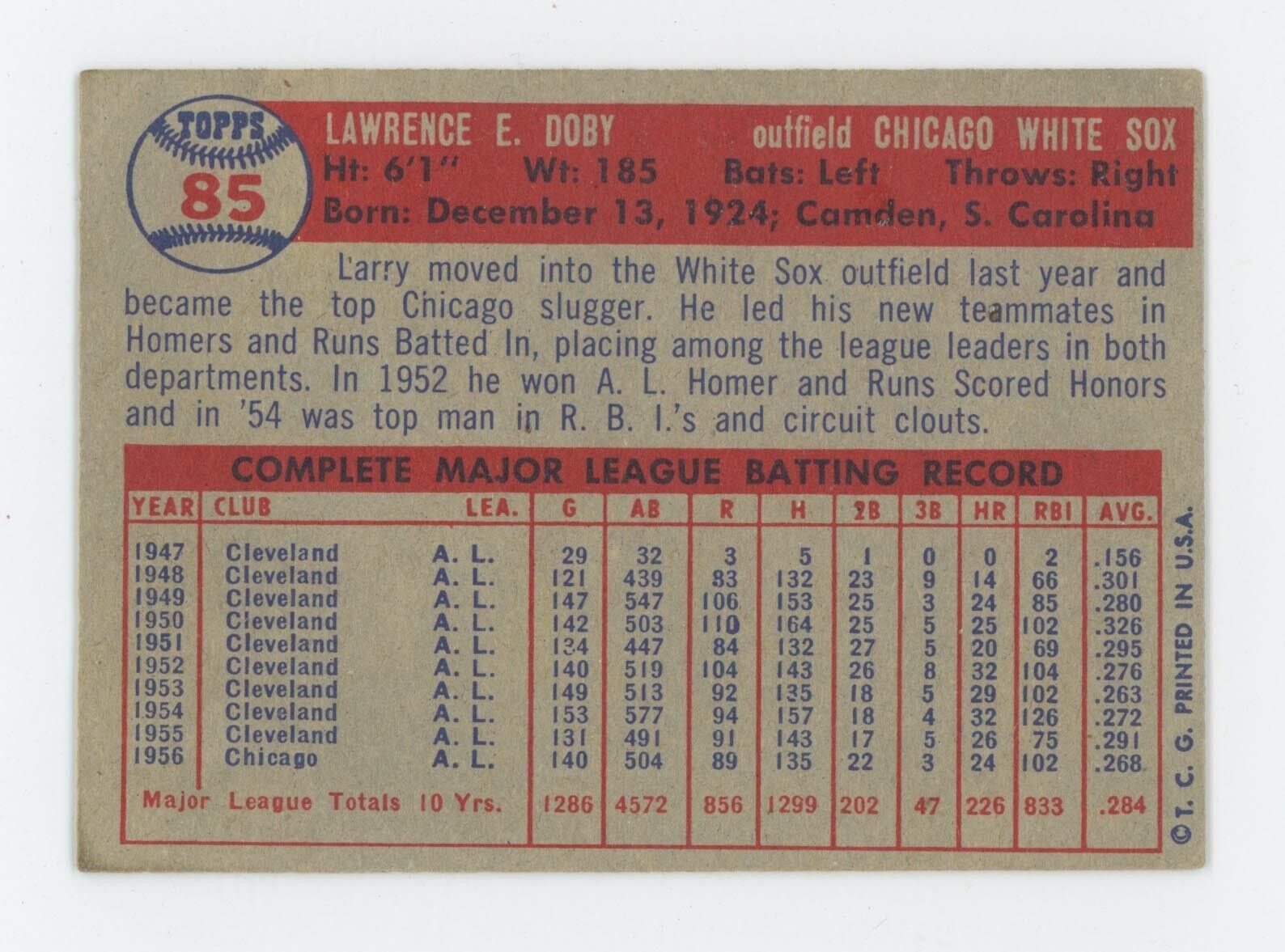 1957 Topps #85 Larry Doby Chicago White Sox Baseball Card EX+ o/c str