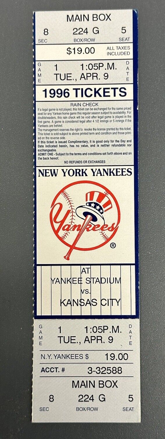 April 9, 1996 New York Yankees Opening Day FULL Ticket - Derek Jeter’s 1st