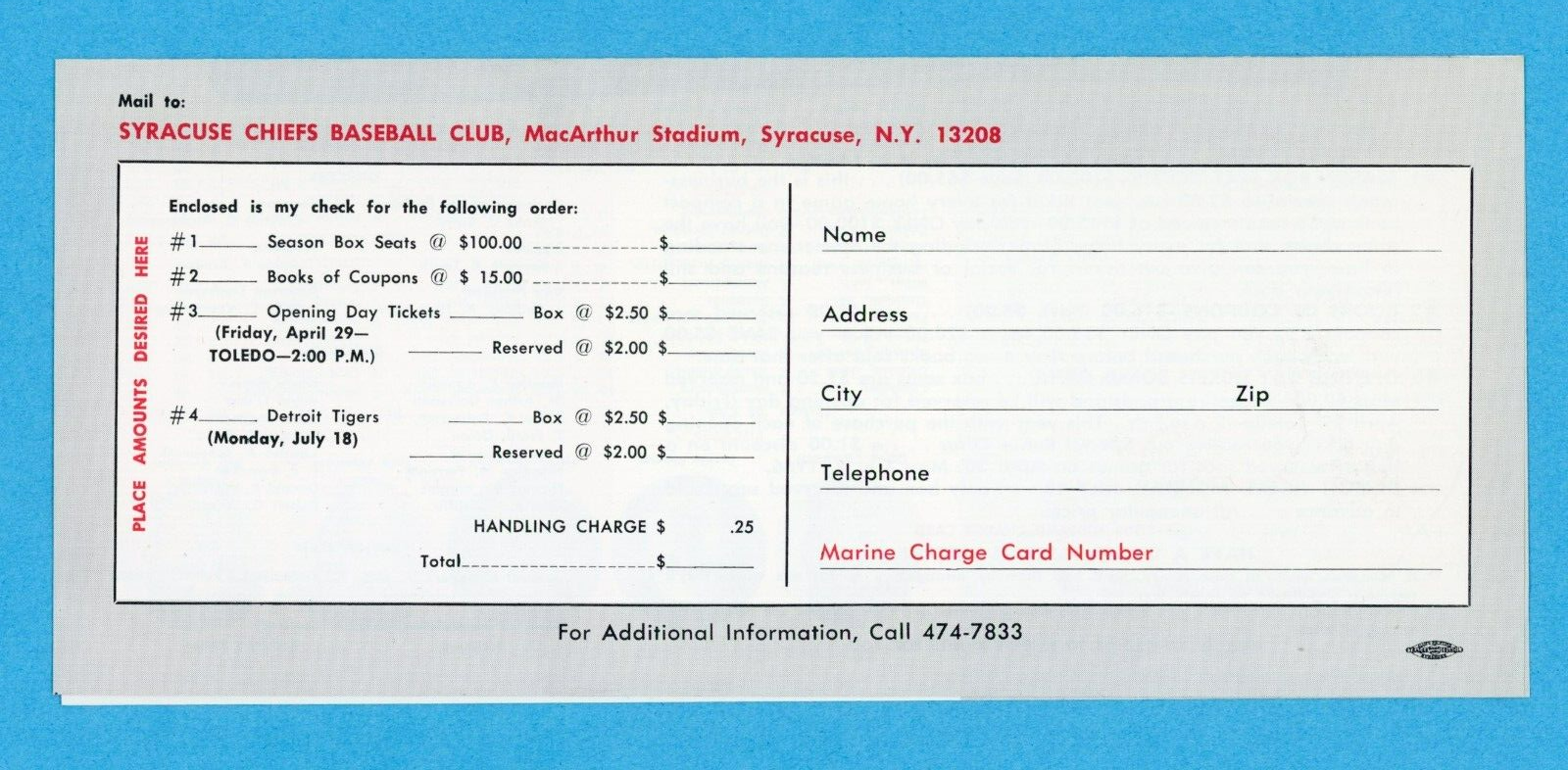 1966 Syracuse Chiefs Schedule & Ticket Information Pamphlet