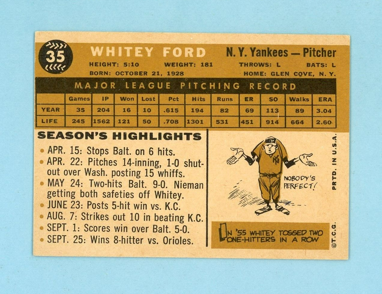 1960 Topps #35 Whitey Ford New York Yankees Baseball Card Ex - Ex+ scf ft