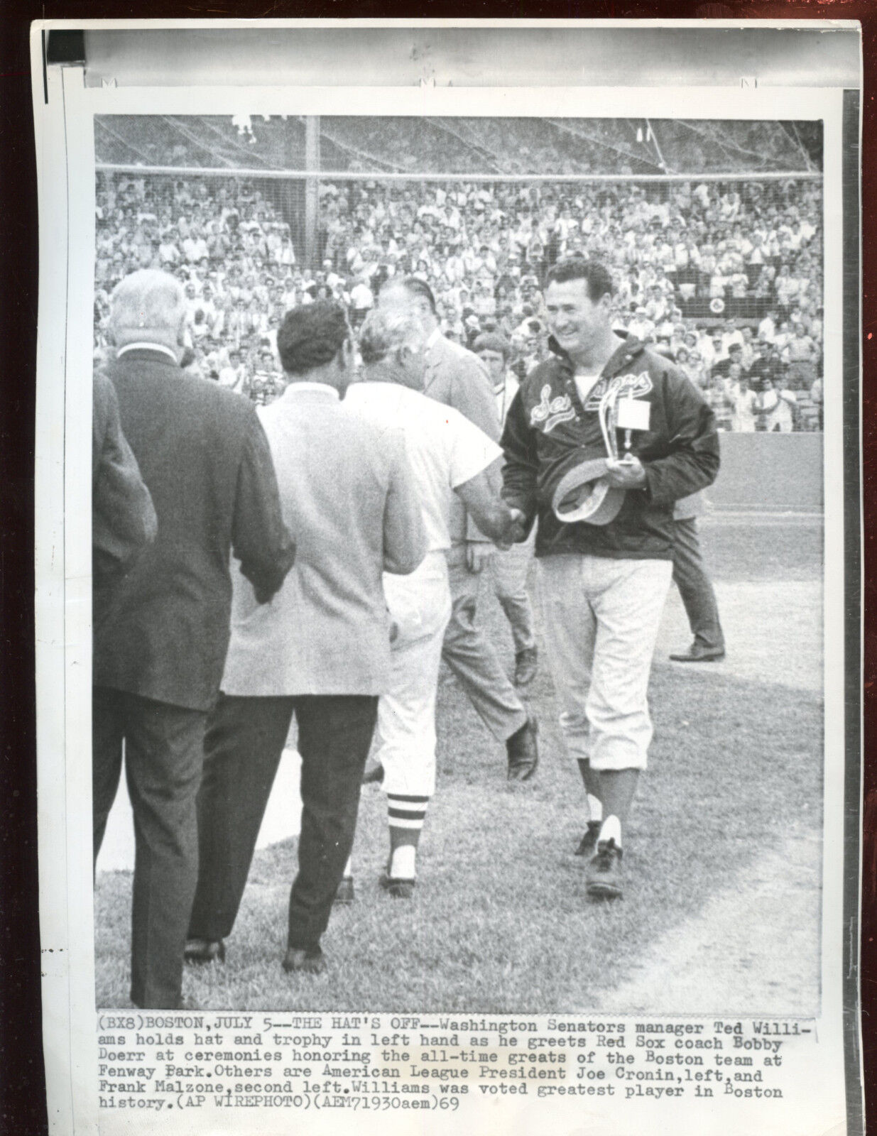 Original July 5 1969 Ted Williams Manager Washington Senators Wire Photo