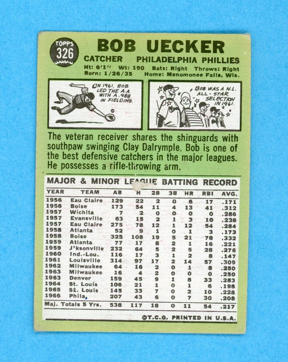 1967 Topps #326 Bob Uecker Philadelphia Phillies Baseball Card Low Grade