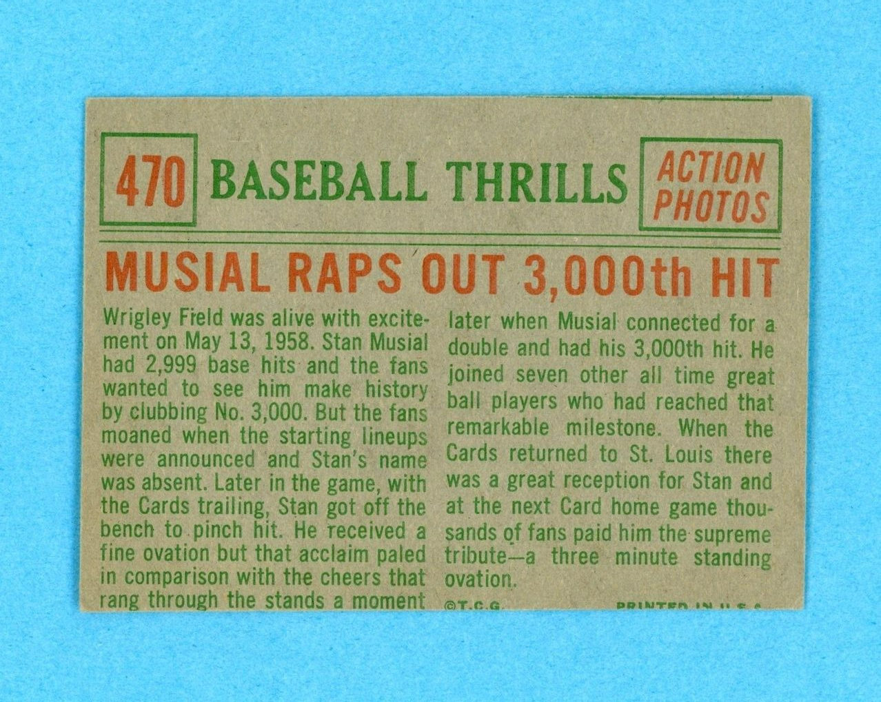 1959 Topps #470 Baseball Thrills Stan Musial St Louis Baseball Card EX+ o/c ds