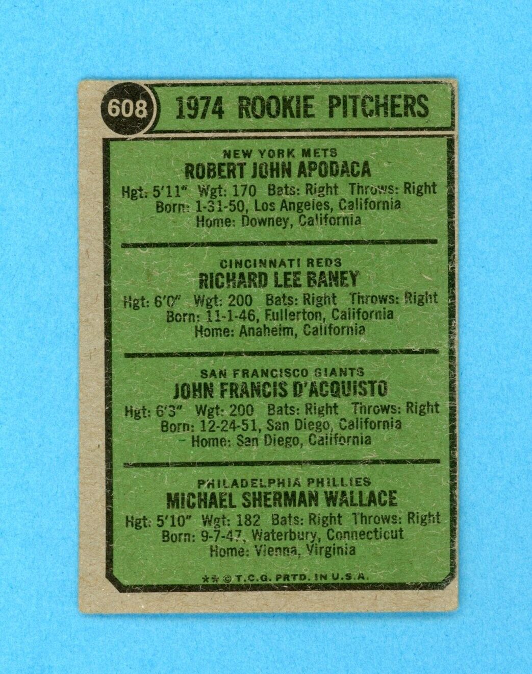 1974 Topps #608 Rookie Pitchers Apodaco Variation Baseball Card VG - VG+