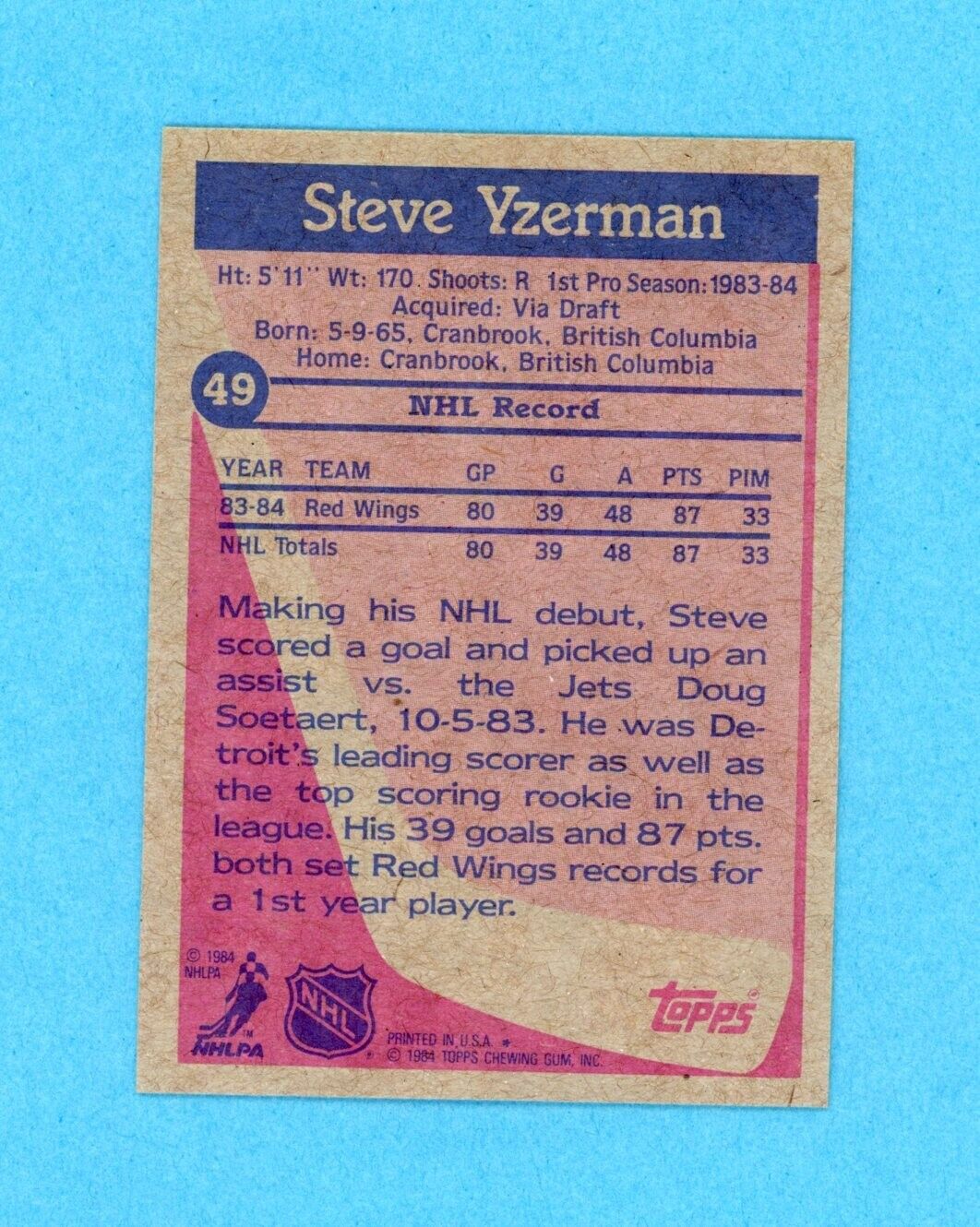 1984-85 Topps #49 Steve Yzerman Detroit Red Wings Rookie Hockey Card NM