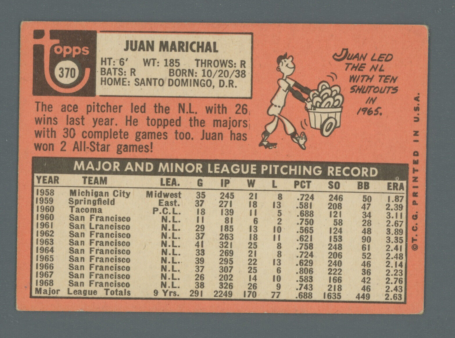 Juan Marichal Signed 1969 Topps Card #370 Auto with B&E Hologram