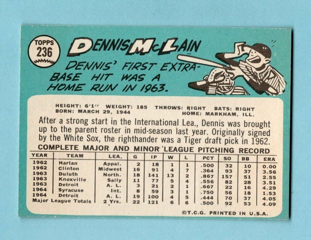 1965 Topps #236 Denny McLain Detroit Tigers Rookie Baseball Card NM sts         