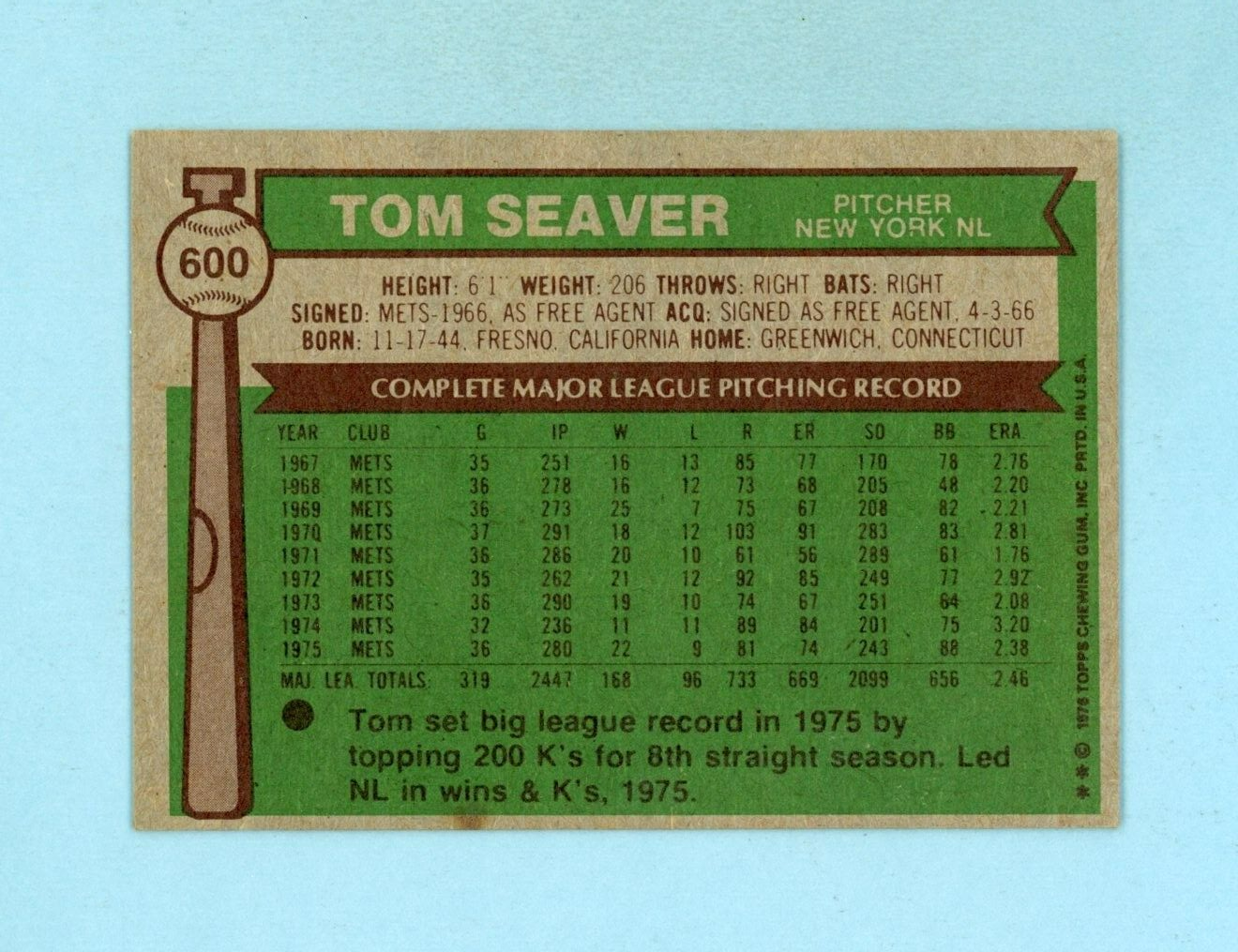 1976 Topps #600 Tom Seaver New York Mets Baseball Card EX++ - Ex/Mt