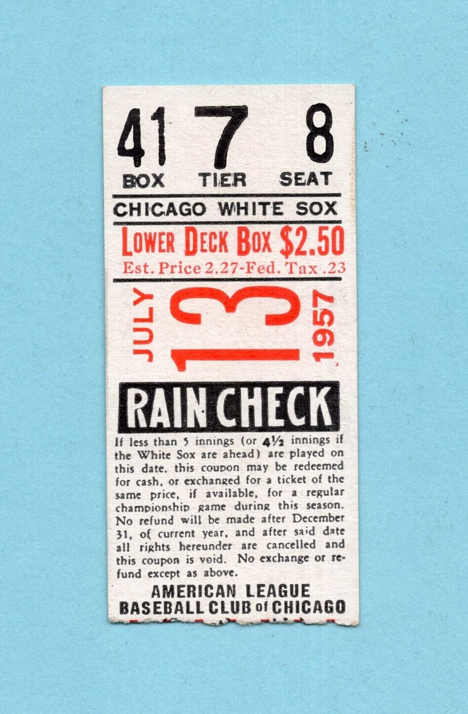 July 13, 1957 Washington Senators vs Chicago White Sox Ticket Stub Nellie Fox