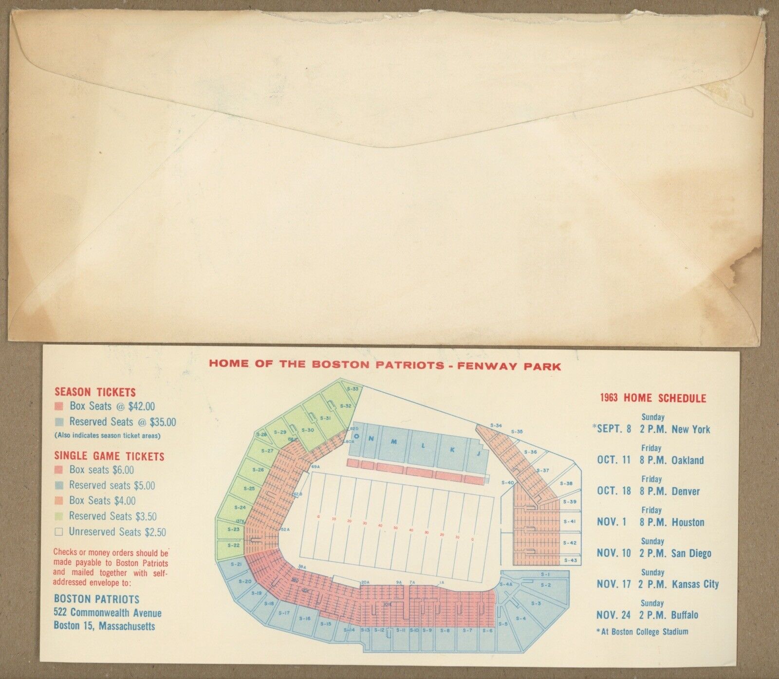 1963 Boston Patriots Fenway Park Schedule & Ticket Order Forms 3 Pieces