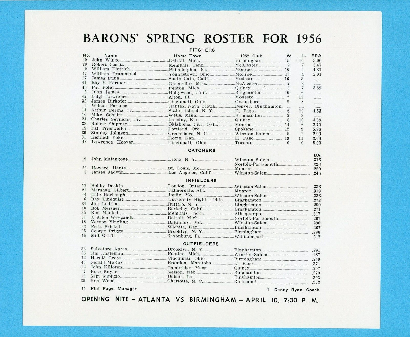 1956 Birmingham Barons Spring Roster/Schedule Pamphlet