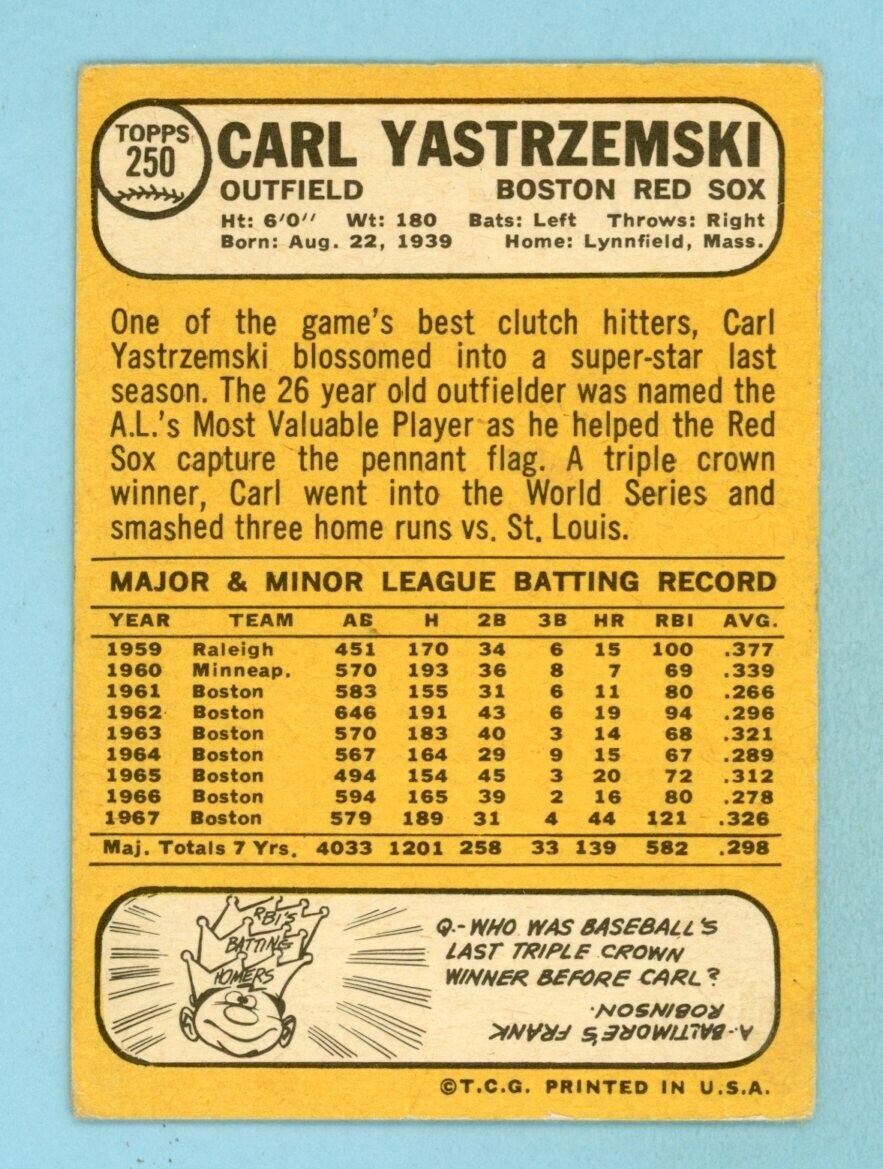 1968 Topps #250 Carl Yastrzemski Boston Red Sox Baseball Card Vg - Vg+