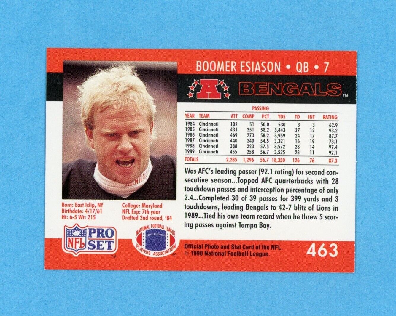 1990 Boomer Esiason Signed Pro Set Card #463 • Auto with B&E Hologram