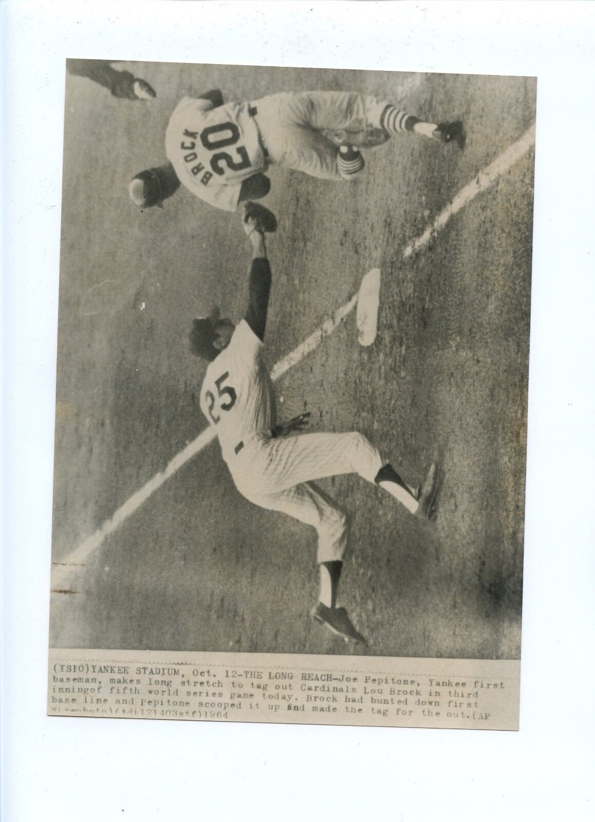 Original October 12 1964 Pepitone & Brock World Series 6 1/2 X 9 1/2 Wire Photo