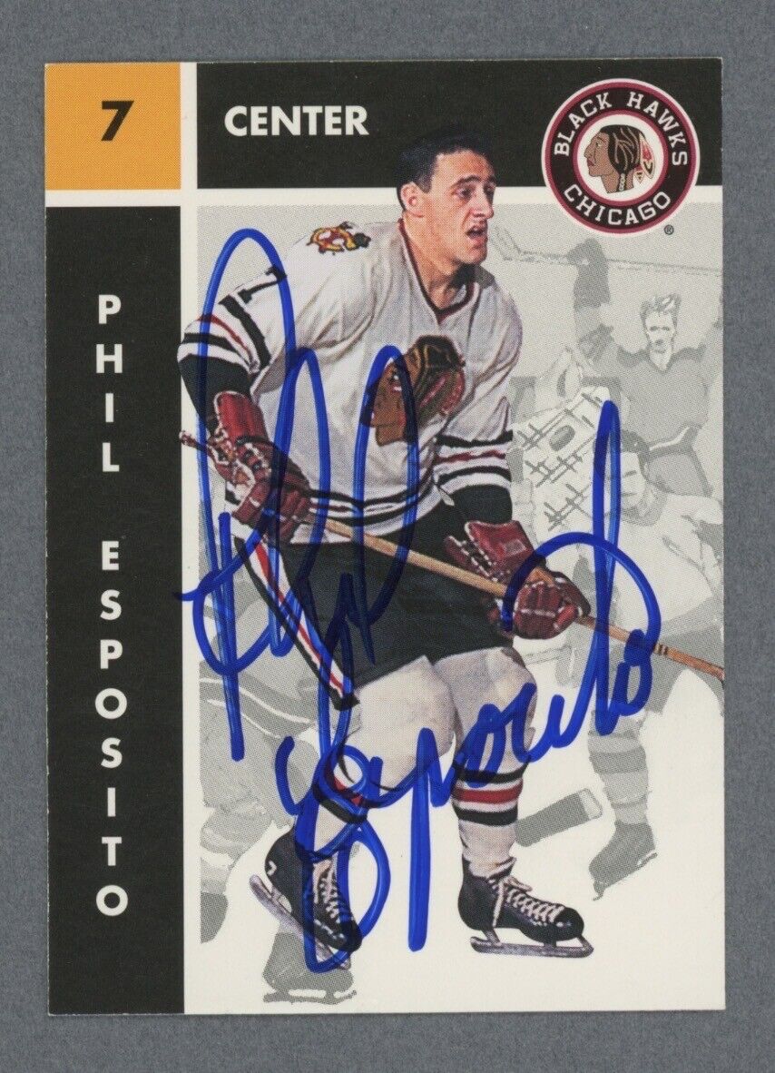 Phil Esposito Signed 1995-96 Parkhurst Design Card #33 w B&E Hologram