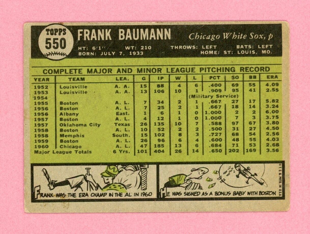 1961 Topps #550 Frank Baumann Chicago White Sox High Number Baseball Card VG-VG+