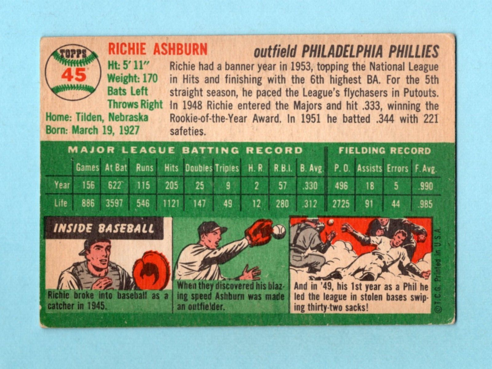 1954 Topps #45 Richie Ashburn Philadelphia Phillies Baseball Card EX ap lwt scr