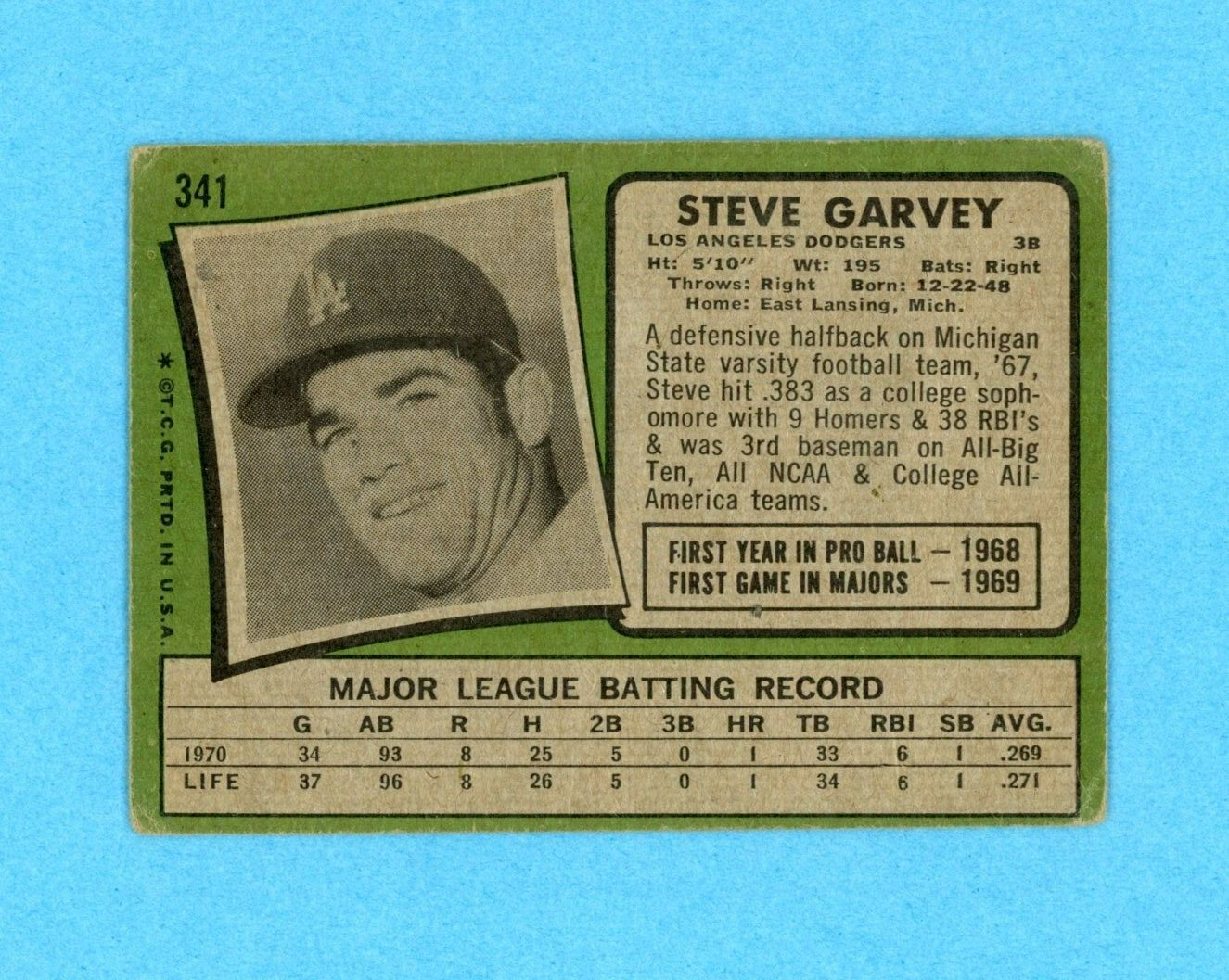 1971 Topps #341 Steve Garvey Los Angeles Dodgers Rookie Baseball Card Low Grade