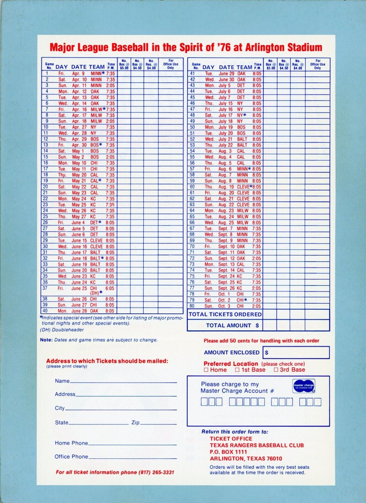 1976 Texas Rangers Home Schedule & Ticket Request Tri-Fold