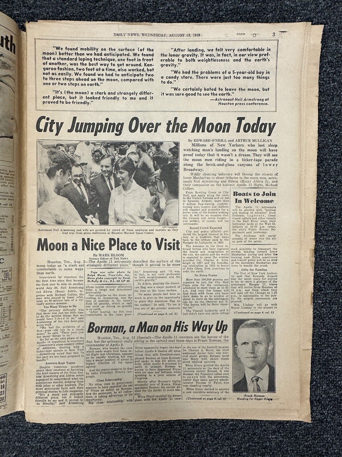 August 13, 1969 Astronauts : Armstrong Aldrin Collins NY Daily News Newspaper