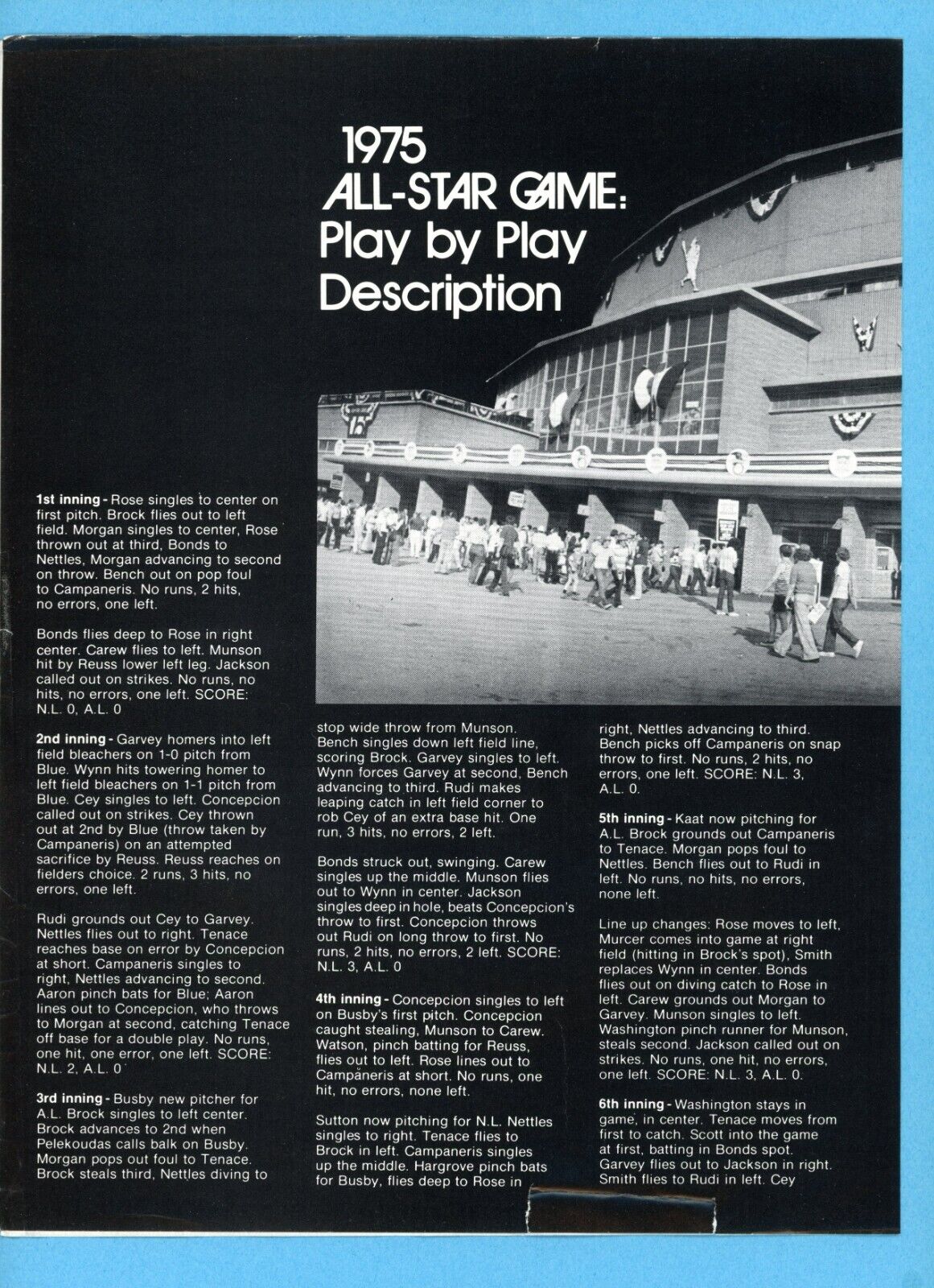 1975 MLB All-Star Game Statistics & Play by Play Description Brochure