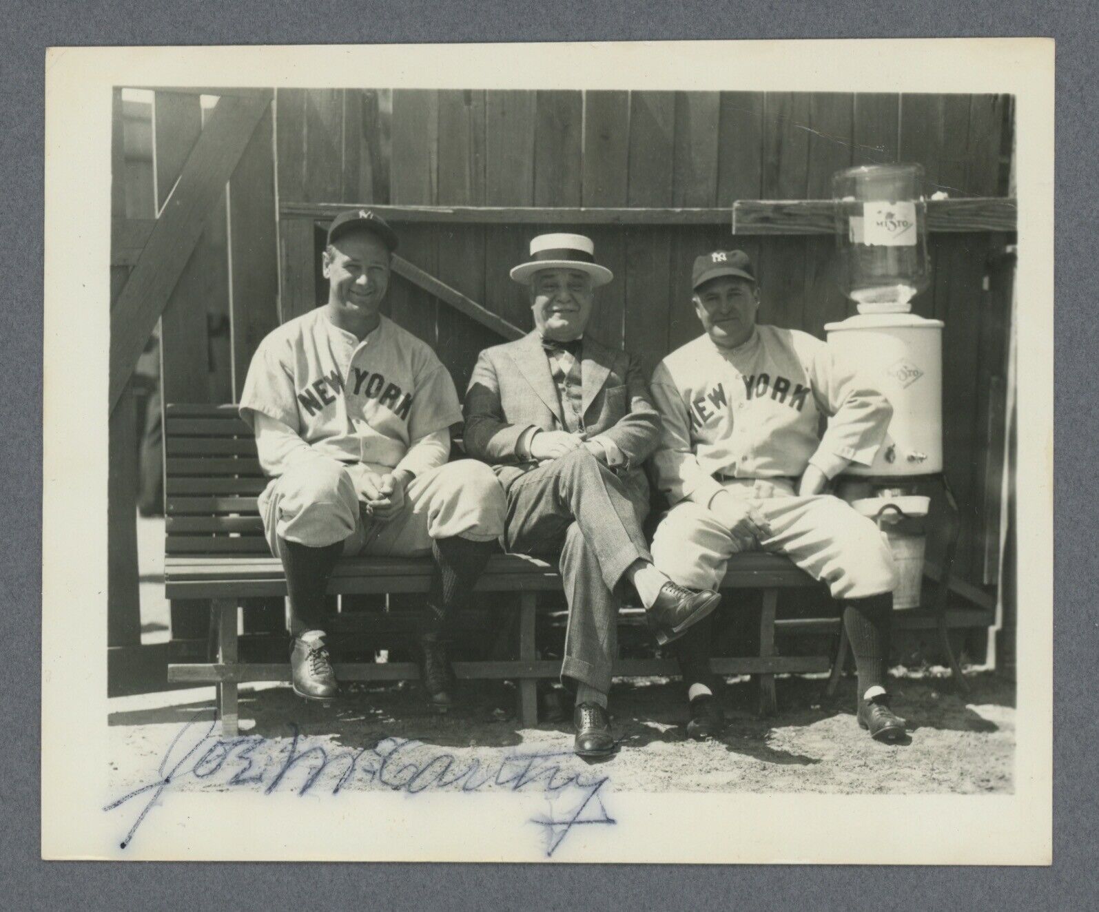 Joe McCarthy SIGNED 4x5 Orig. Yankees Snapshot Photo w/ Lou Gehrig & J. Ruppert