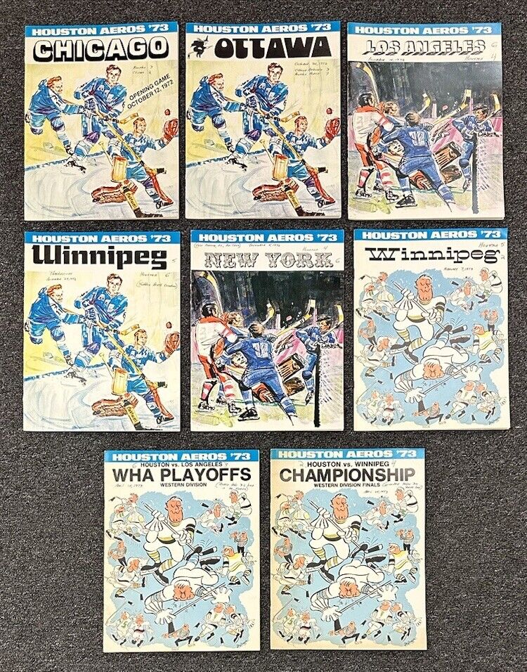 Lot of 8 Diff. 1972-73 Houston Aeros WHA Home Programs incl. 1st Game & Playoffs