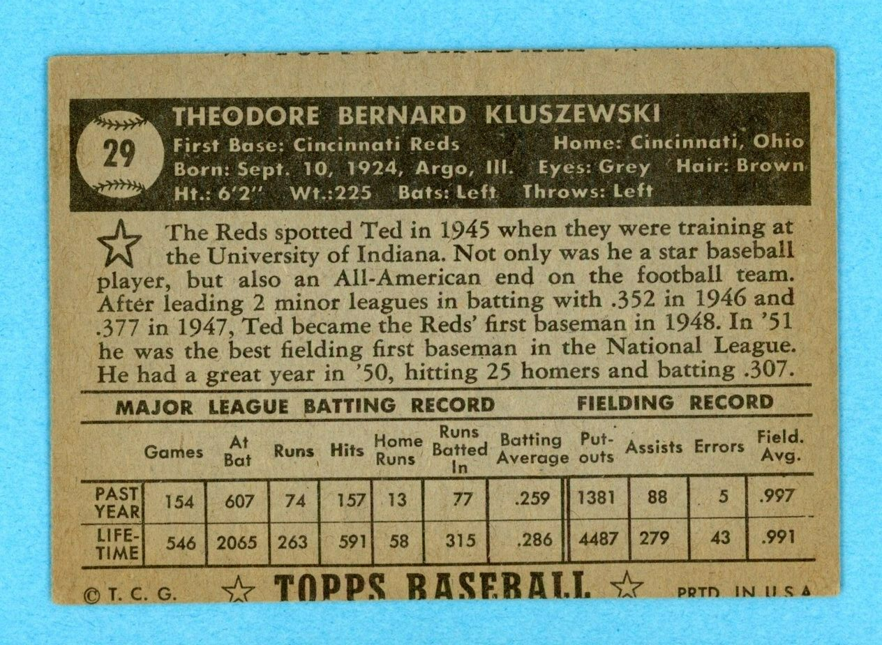 1952 Topps #29 Ted Kluszewski Cincinnati Reds Baseball Card Vg/Ex o/c