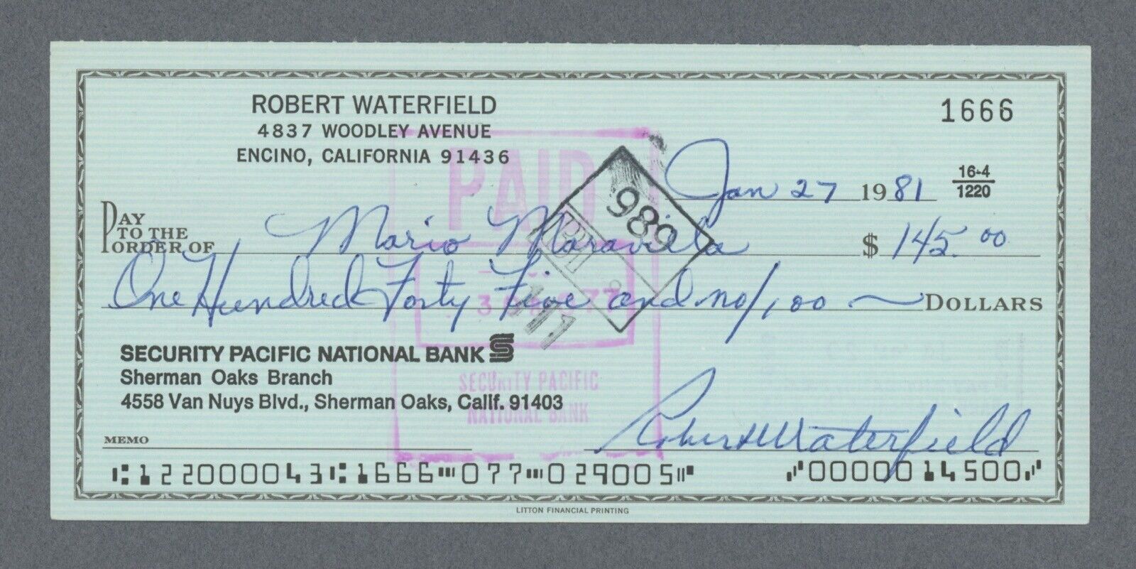 LA Rams HOFer Bob Waterfield Signed Personal Check w B&E Hologram