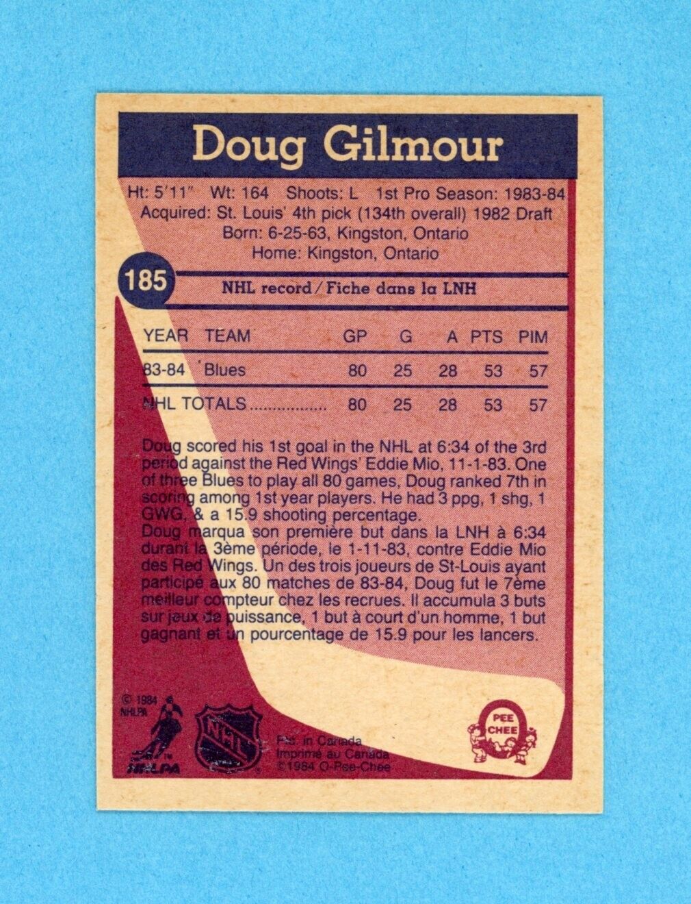 Doug Gilmour St Lou Blues 1984-85 O Pee Chee #185 Autographed Rookie Hockey Card