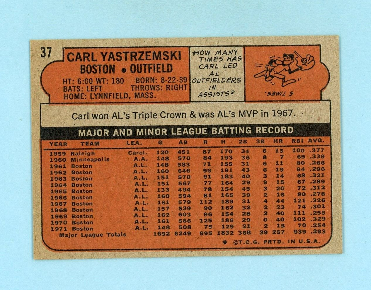 1972 Topps #37 Carl Yastrzemski Boston Red Sox Baseball Card Ex/Mt