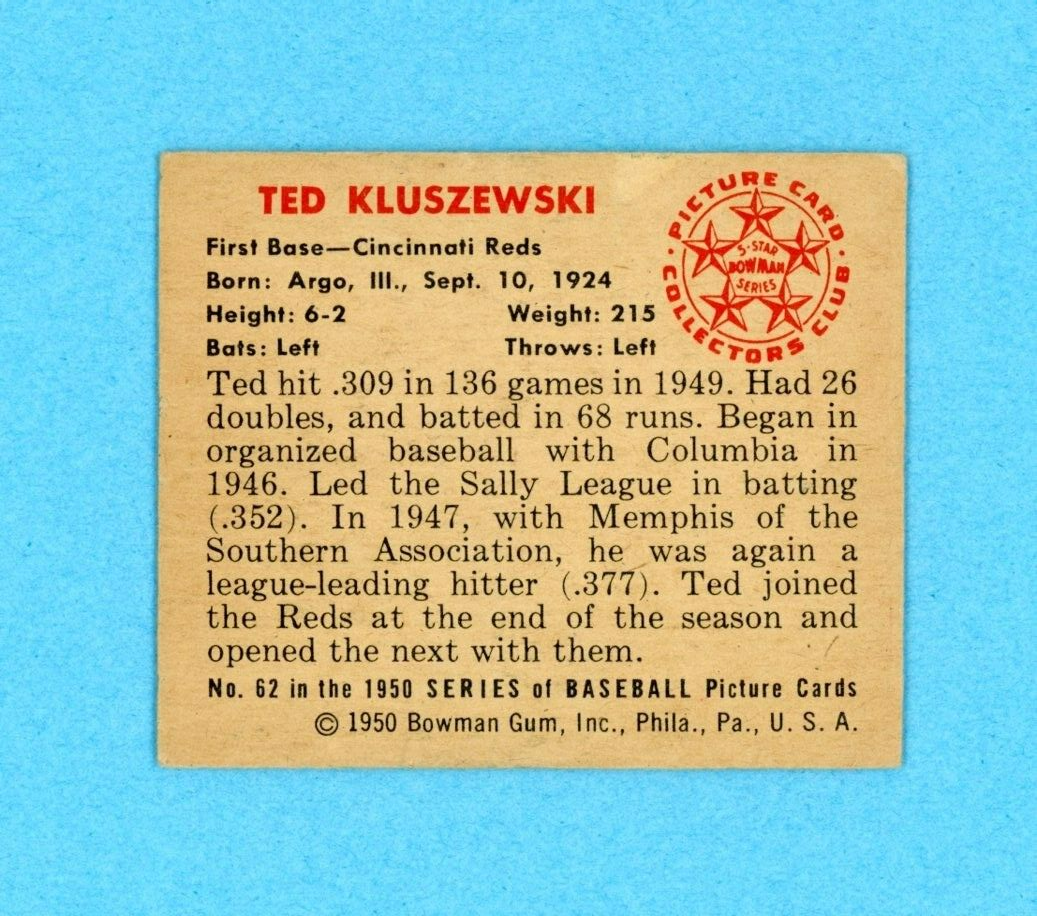 1950 Bowman #62 Ted Kluszewski Cincinnati Reds Baseball Card EX prt mk