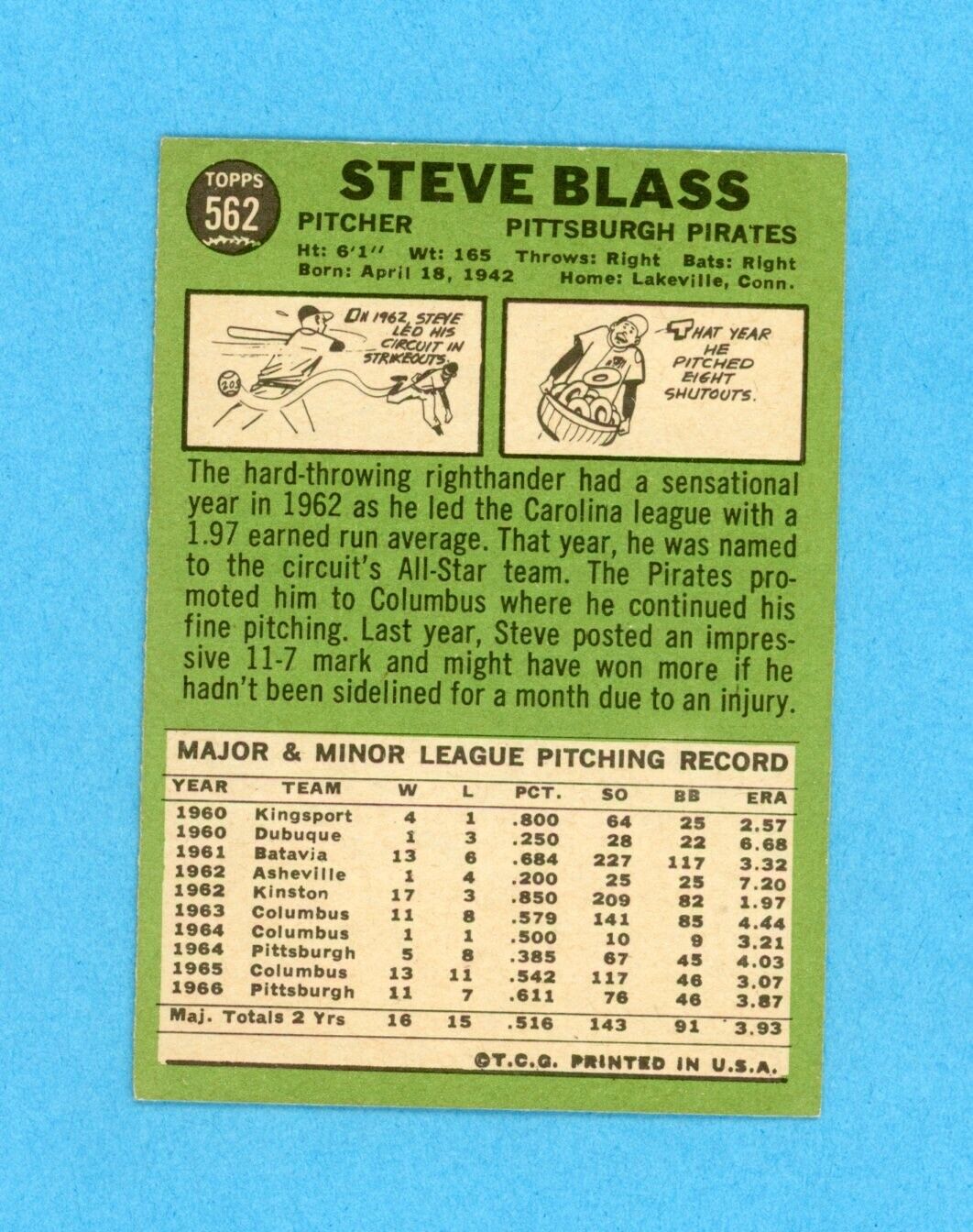 Steve Blass Signed 1967 Topps Card #562 Auto w B&E Hologram