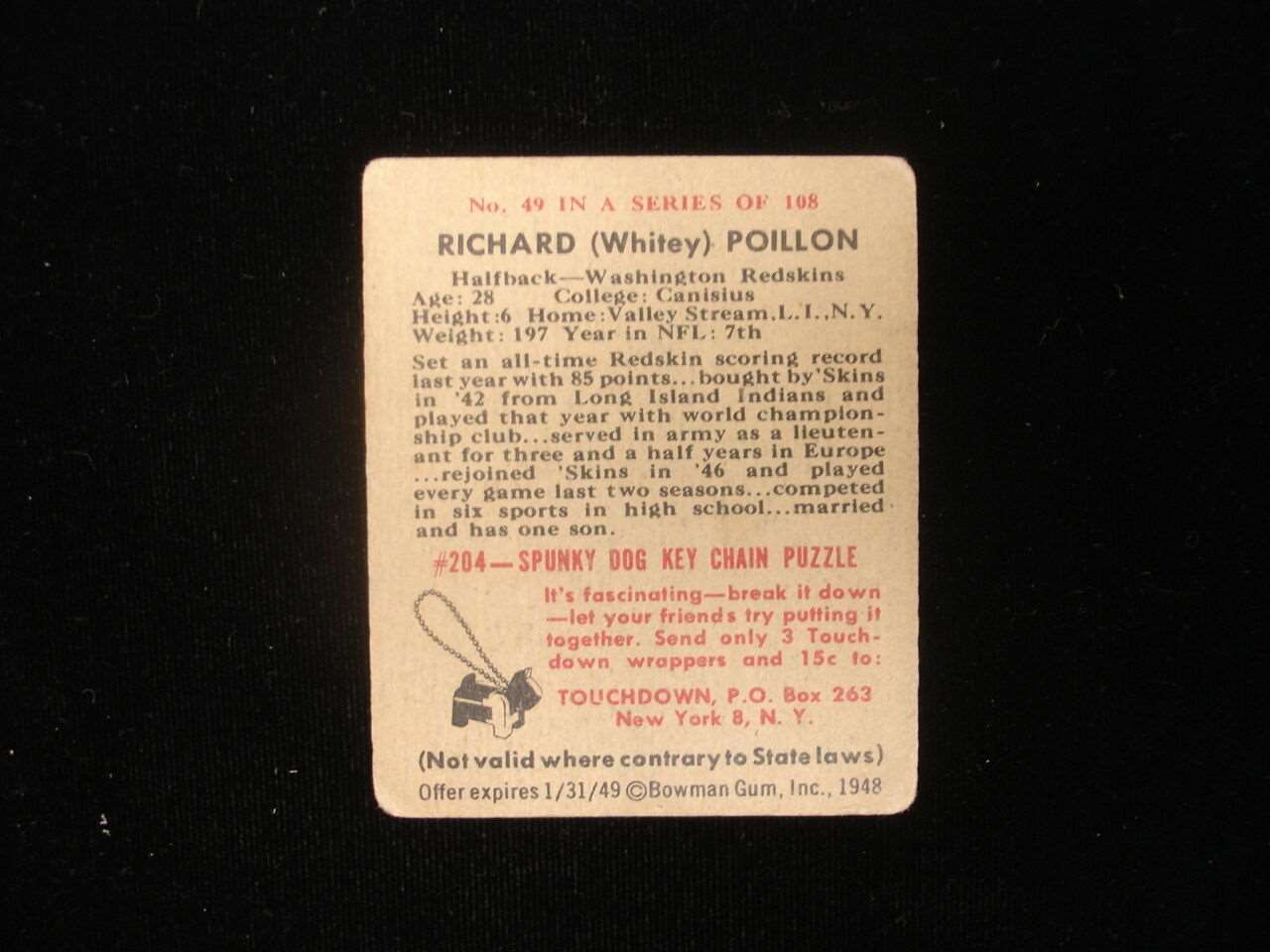 1948 Bowman Whitey Poillon Washington Redskins #49 Card - VG