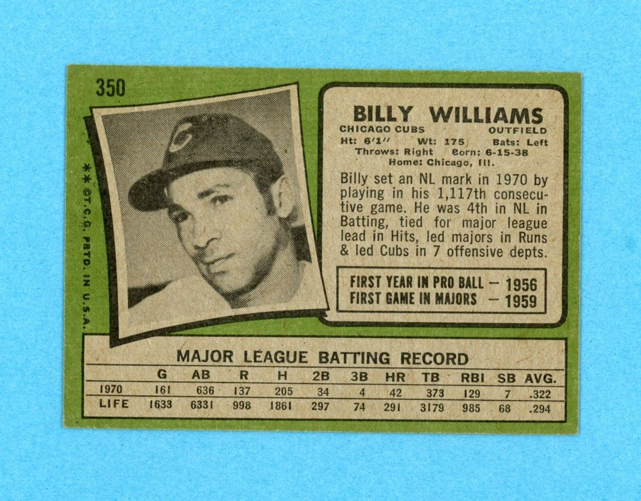 1971 Topps #350 Billy Williams Chicago Cubs Baseball Card EX - EX+