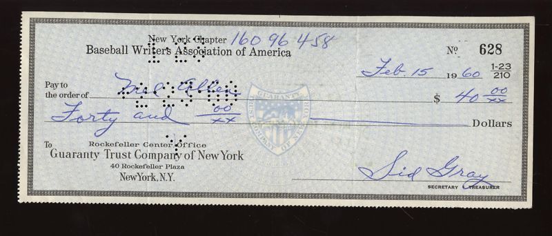 1960 Baseball Writers Association Check Signed by Hall-of-Famer Mel Allen 