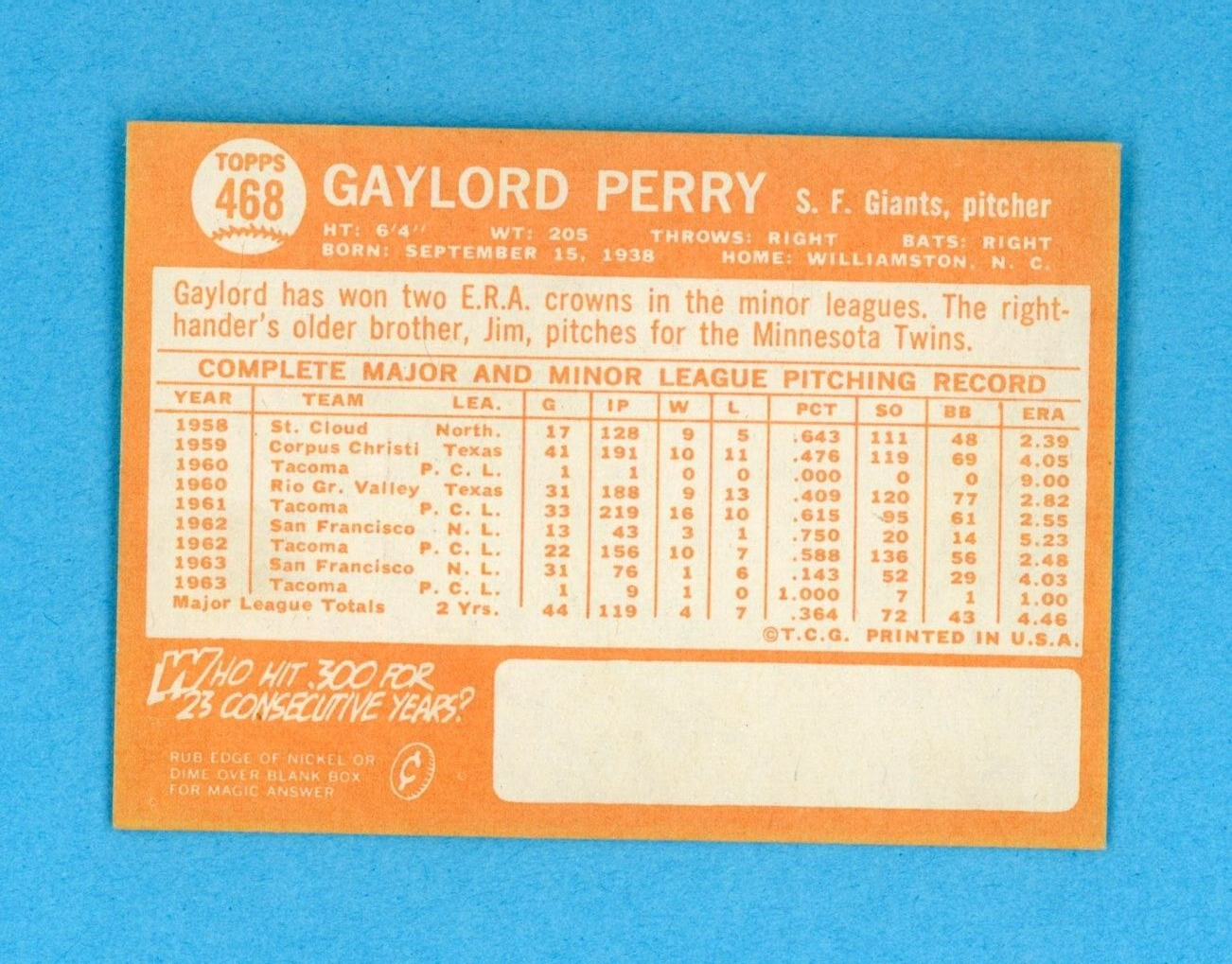 1964 Topps #468 Gaylord Perry San Francisco Giants Baseball Card Ex/Mt o/c