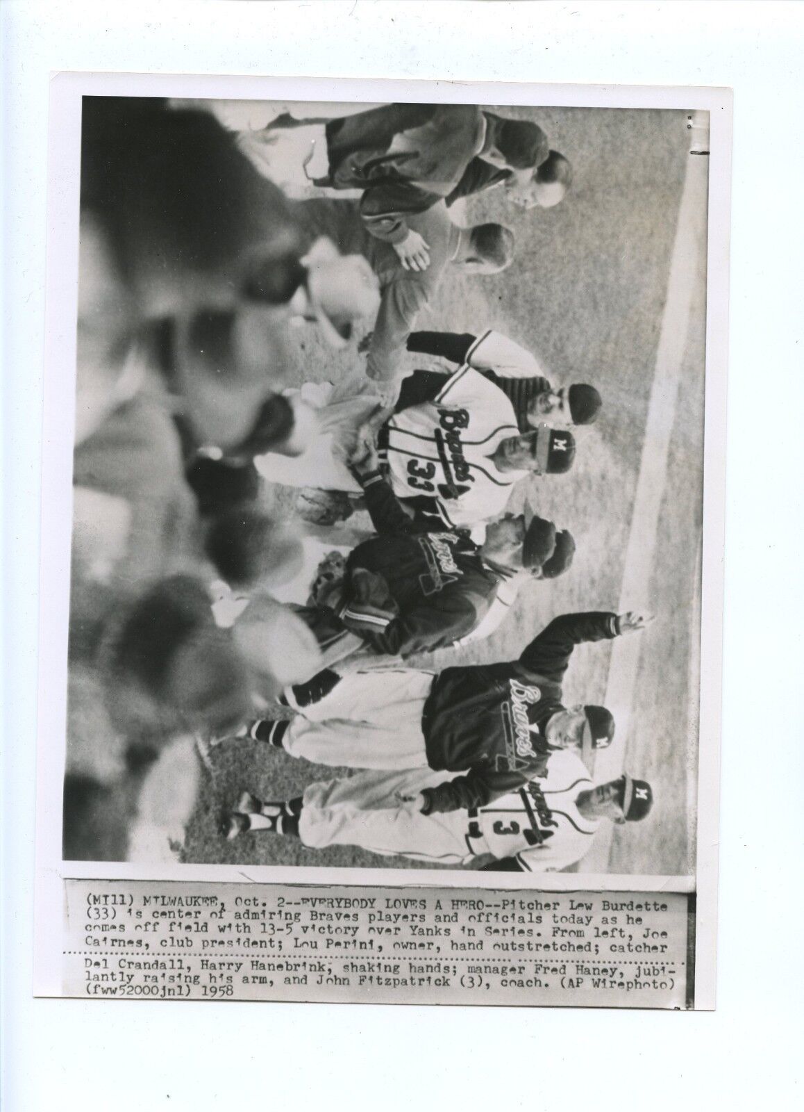 Original October 2 1958 Lew Burdette Braves World Serie 7 1/2 X 9 1/2 Wire Photo