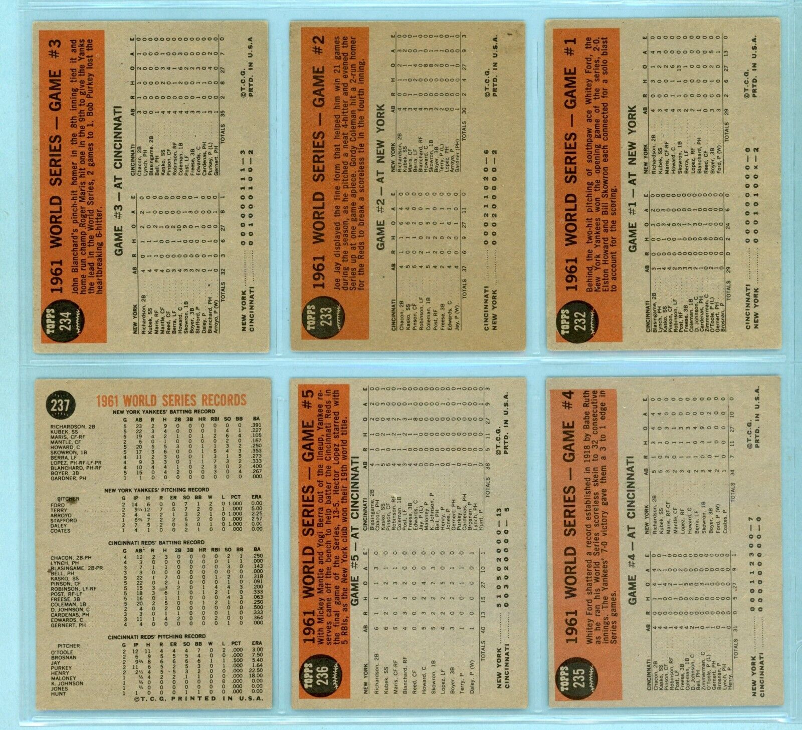 1962 Topps Set of 6 1961 World Series Special Baseball Cards Vg/Ex - Ex