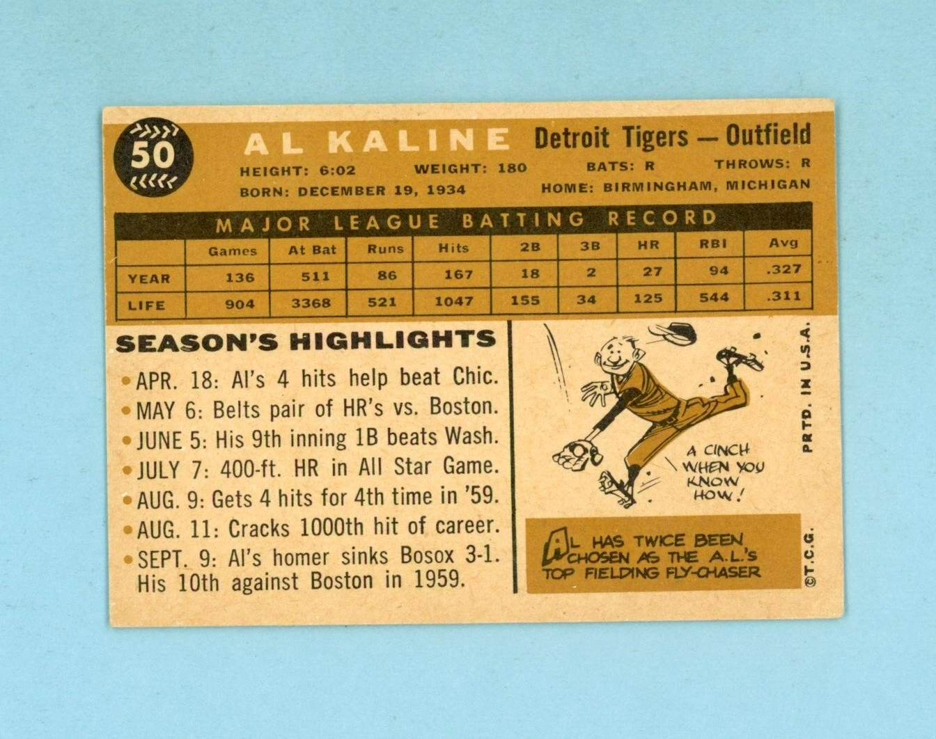 1960 Topps #50 Al Kaline Detroit Tigers Baseball Card Ex/Ex+