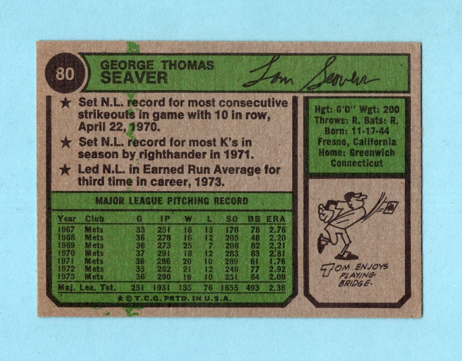 1974 Topps #80 Tom Seaver New York Mets Baseball Card EX prt isu bk