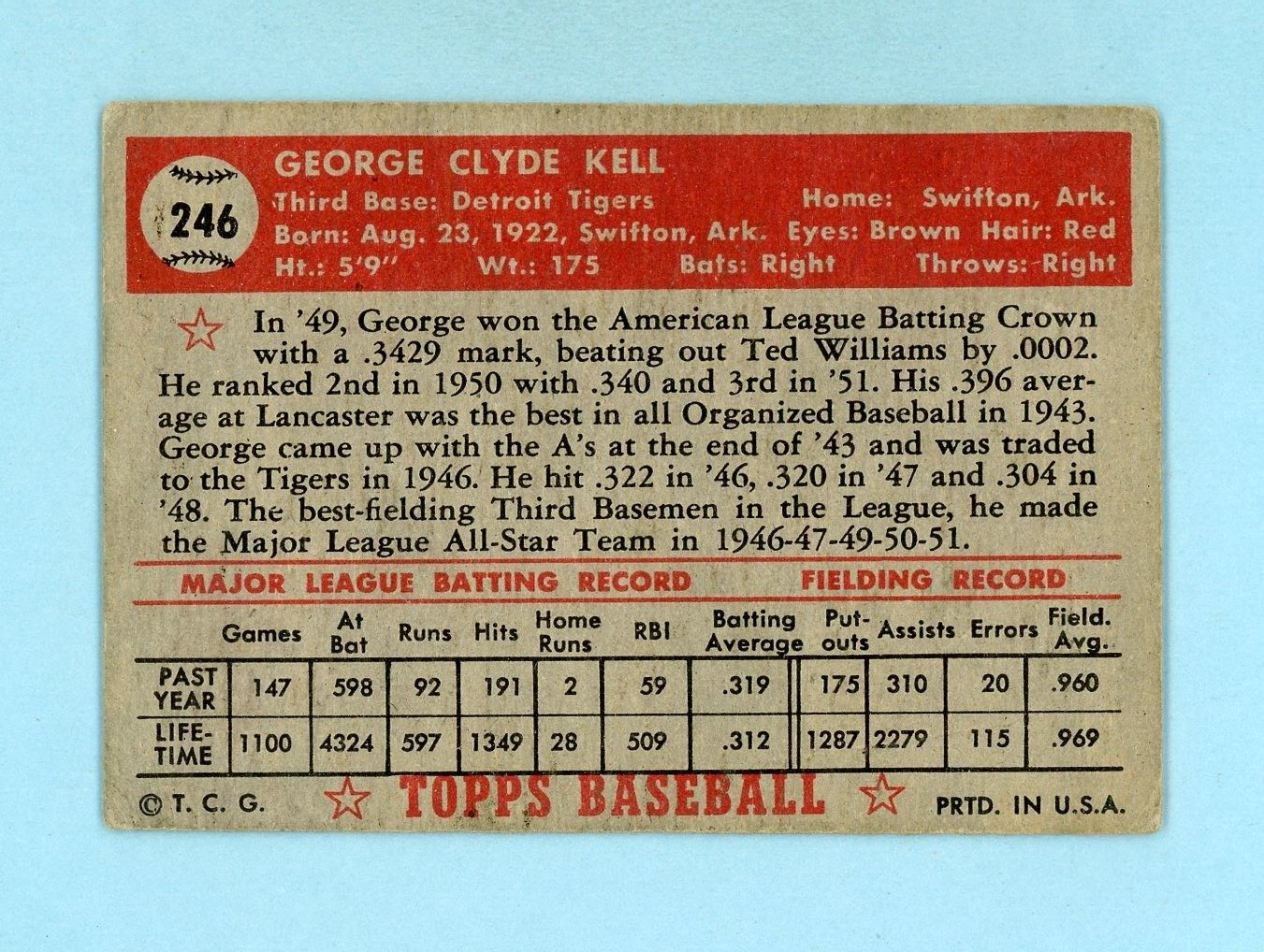 1952 Topps #246 George Kell Detroit Tigers Baseball Card Vg/Ex app sta/scf ft