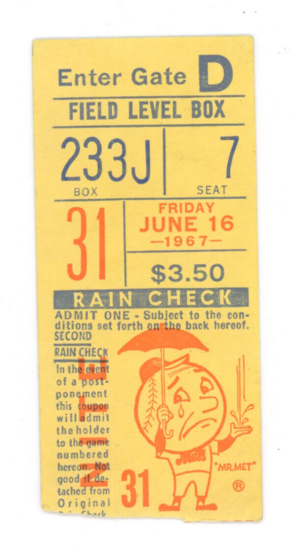 June 16, 1967 New York Mets Ticket Stub vs Chicago Cubs