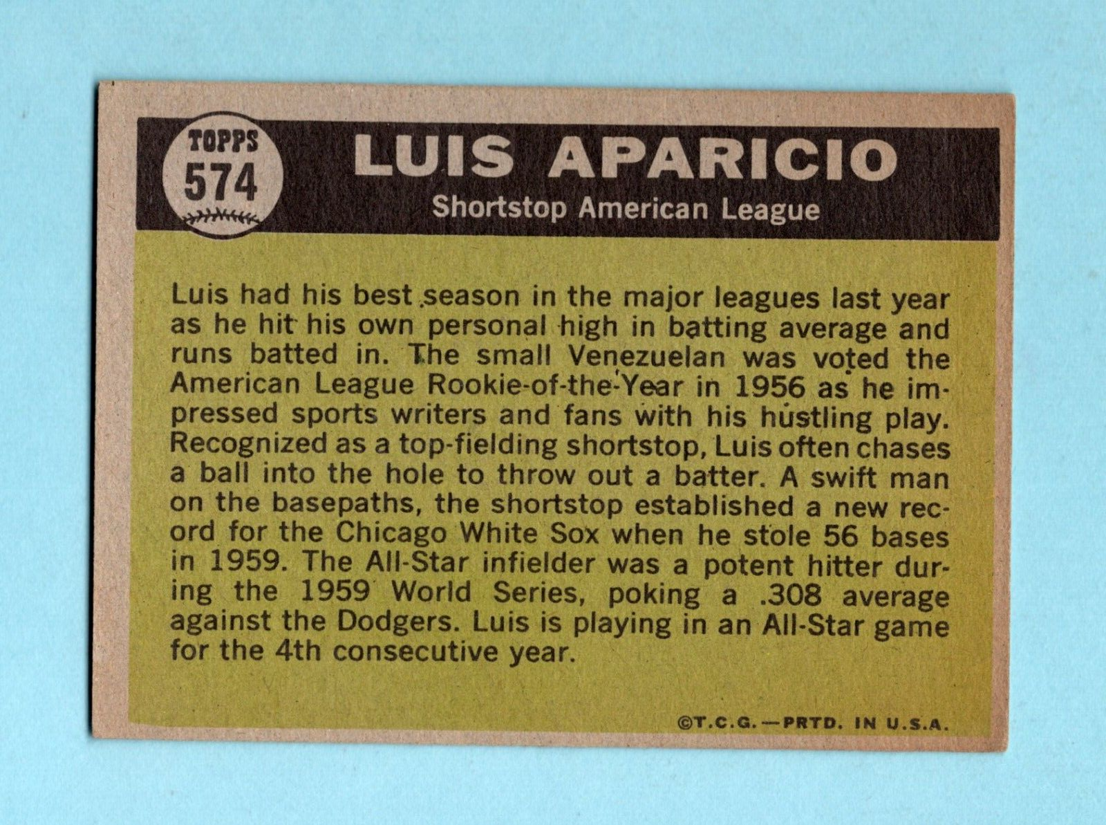 1961 Topps #574 Luis Aparicio All-Star Chicago White Sox Baseball Card EX