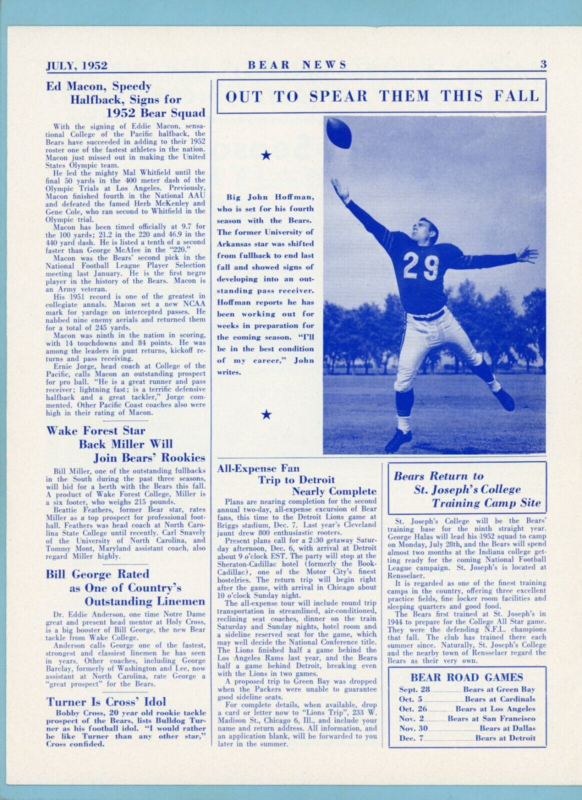 Bear News July 1952 Chicago Bears Newsletter