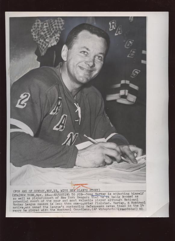 Orig 1961 Doug Harvey Rangers Player Coach Wire Photo 