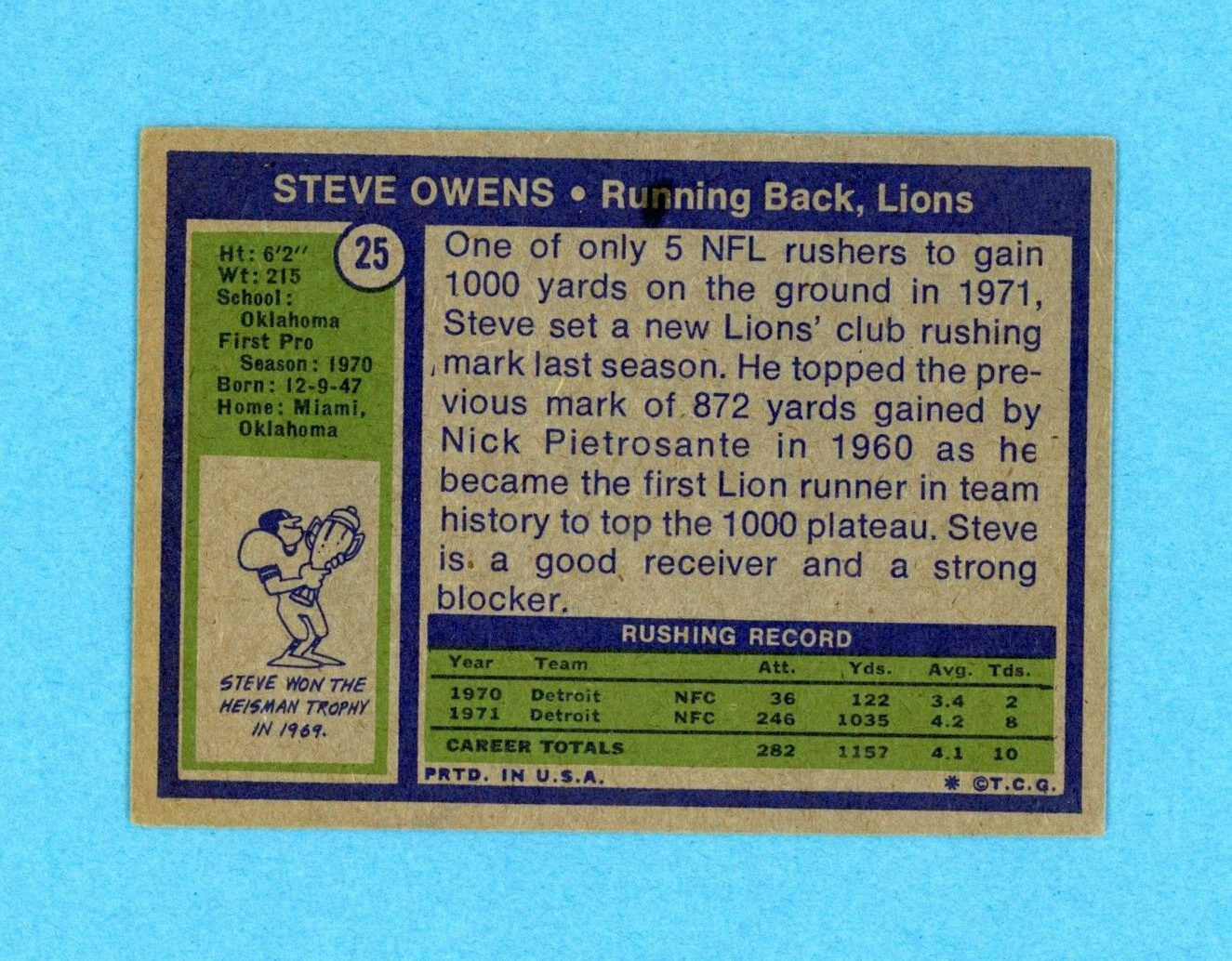 Steve Owens Detroit Lions Rookie 1972 Topps #25 Autographed Football Card