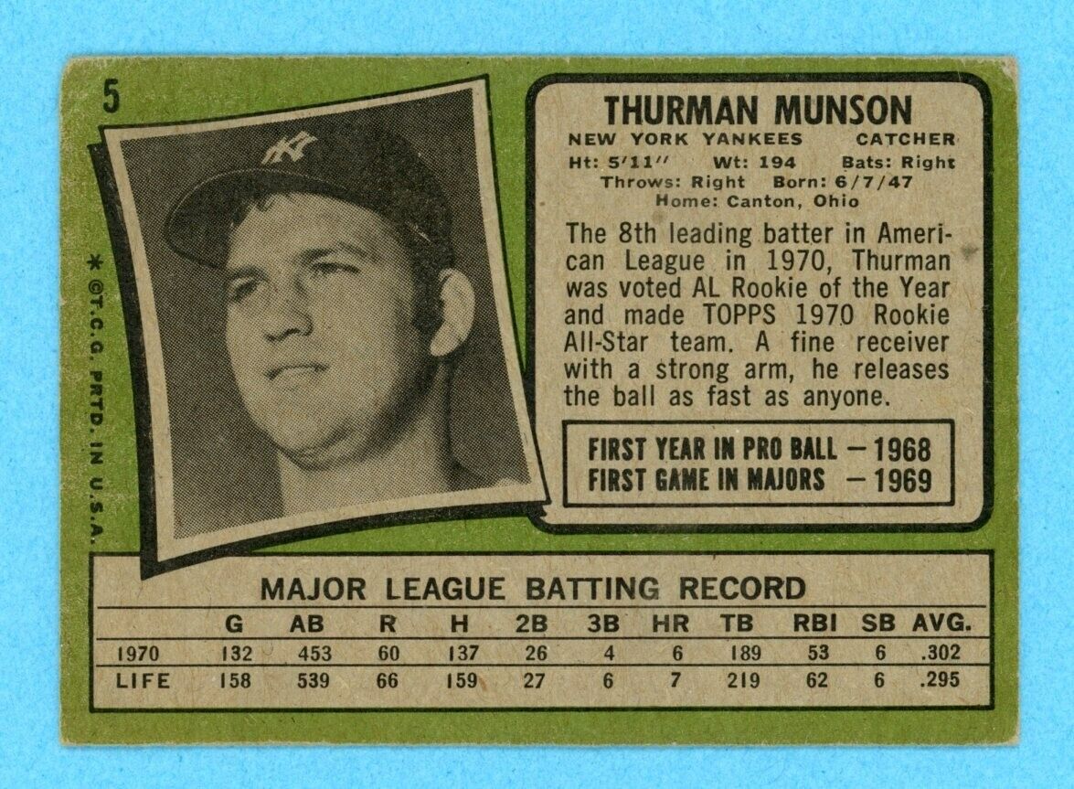 1971 Topps #5 Thurman Munson New York Yankees Baseball Card Low Grade