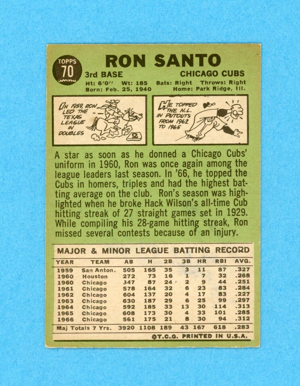 Ron Santo Signed 1967 Topps Card #70 Auto with B&E Hologram