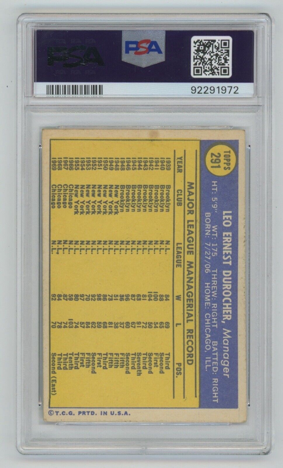 Leo Durocher • 1970 Topps #291 • PSA 3 VG